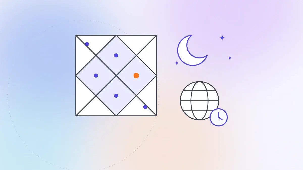 MB Joshi Astro digital marketing case study by LogDart: Vedic birth chart, crescent moon and globe with clock for bookings across time zones