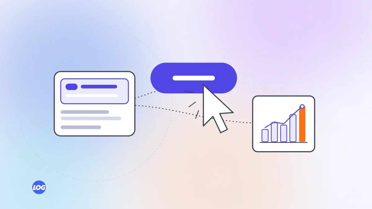 Google Ads for small business by LogDart: sponsored search ad, pointer clicking a button and rising bar chart