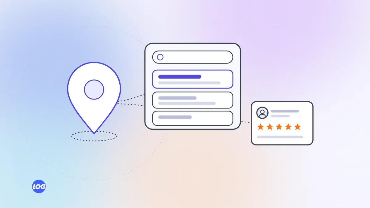 Near me searches and local SEO by LogDart: map pin, search results and five-star review card