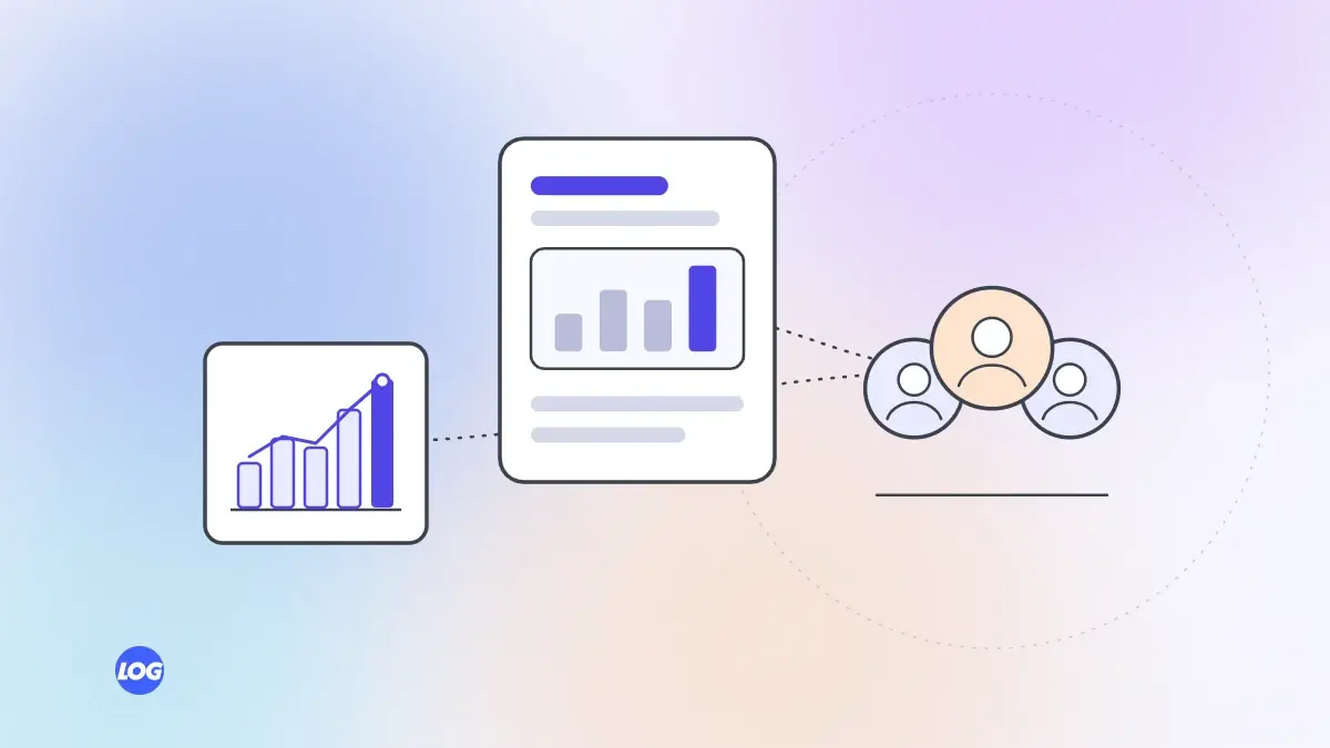 What a marketers agency does by LogDart: team of people, monthly report and rising bar chart