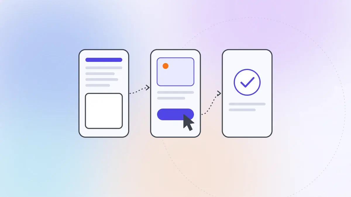 UI/UX design agency LogDart: three app screens joined as a user journey, with a pointer choosing a button